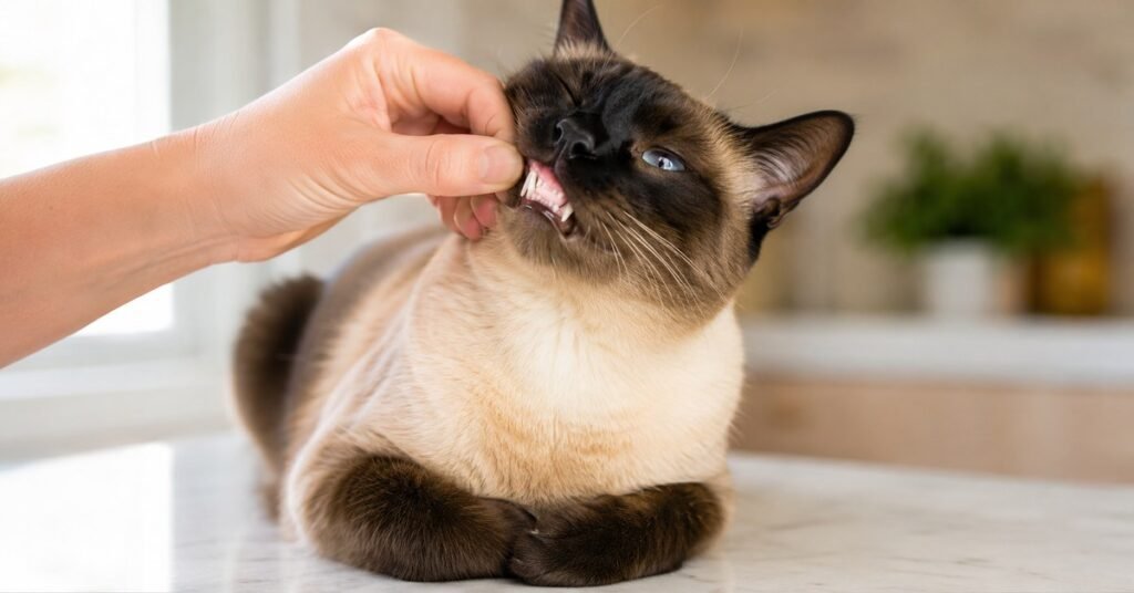 Cat dental care home check — owner gently lifts a seal point Siamese cat's lip to inspect teeth and gums during a routine examination at home