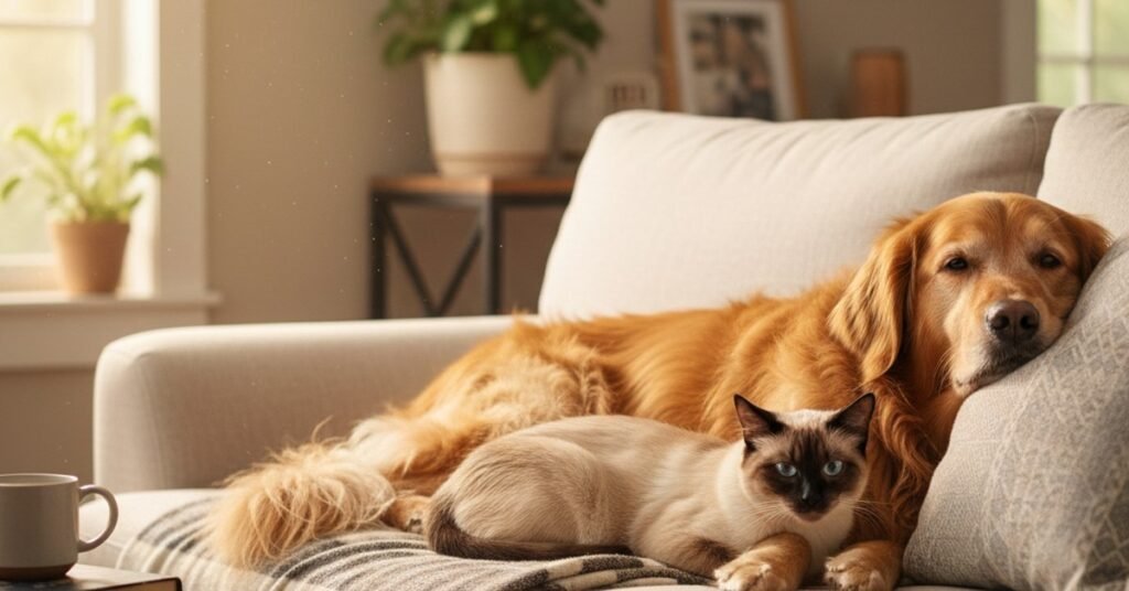 A Siamese cat and a friendly dog relaxing together indoors