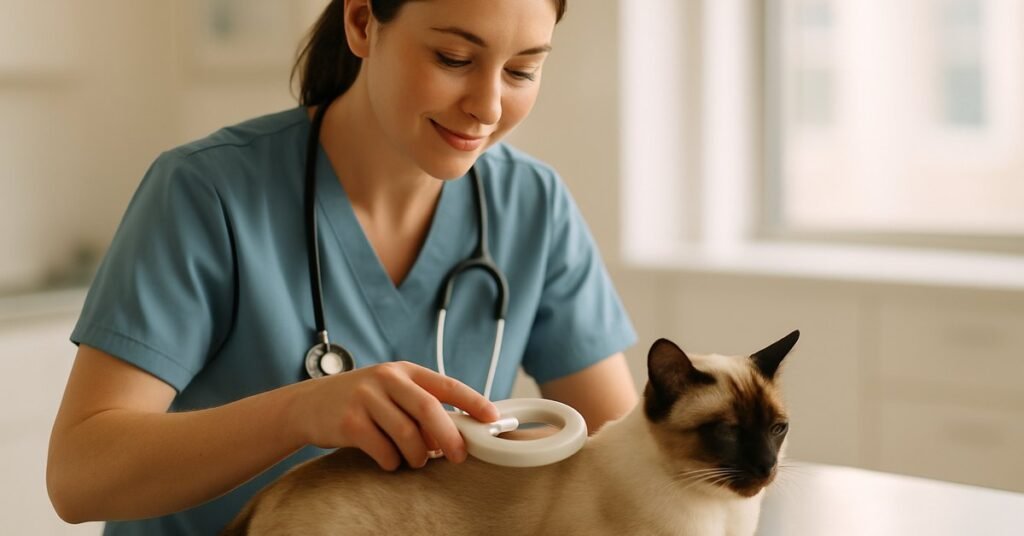 A vet nurse scanning a seal-point Siamese cat with a handheld microchip reader
