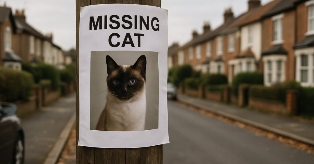 A MISSING CAT poster showing a Siamese cat, taped to a lamp post on a residential street
