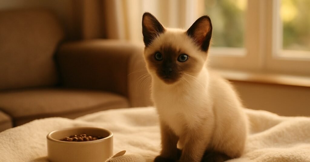 A Siamese kitten settling into a new home beside its food bowl