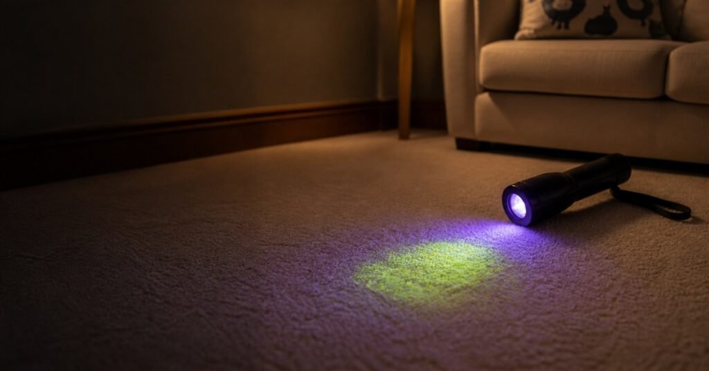 UV blacklight torch revealing hidden cat urine stains glowing on a carpet — how to find every spot before cleaning