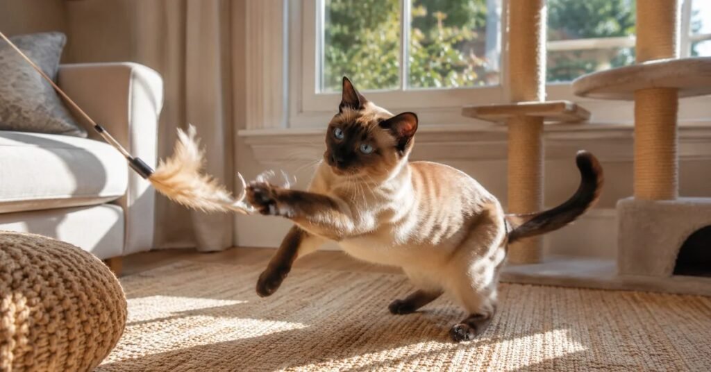 Indoor Siamese cat playing with enrichment toy in a UK home — keeping indoor cats happy through active play and stimulation