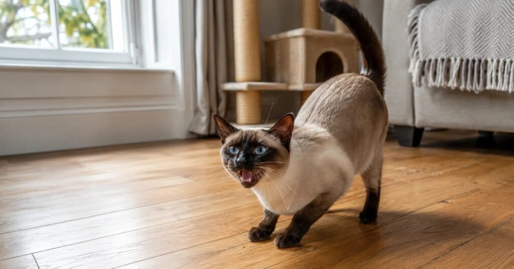 Siamese cat in season showing classic calling behaviour and lordosis posture in a UK breeder home — what cats in season actually look like