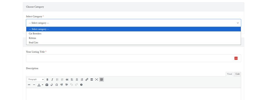 Choosing a category on the listing form